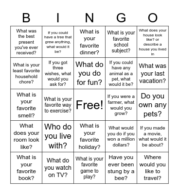 Open Ended Questions Bingo Card
