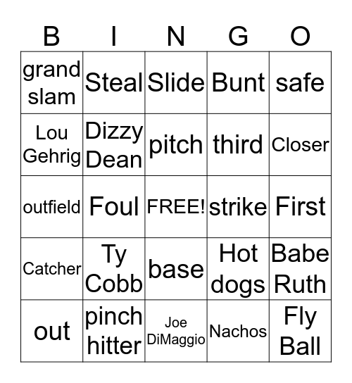 Baseball Bingo Card