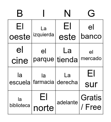 Las direcciones / Los lugares de la ciudad Bingo Card