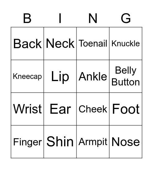 Body Part Bingo Card