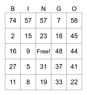 Bingo 1-75 Bingo Card