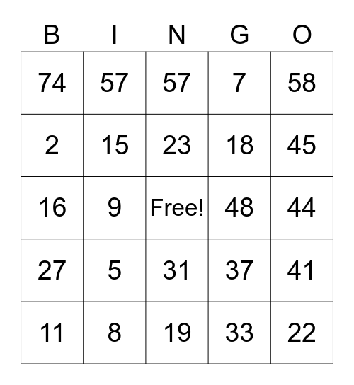 Bingo 1-75 Bingo Card