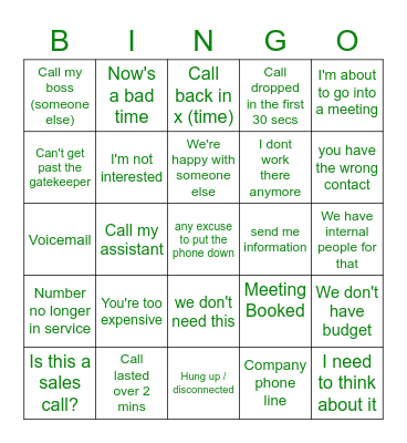 BDR Cold Call Bingo Card