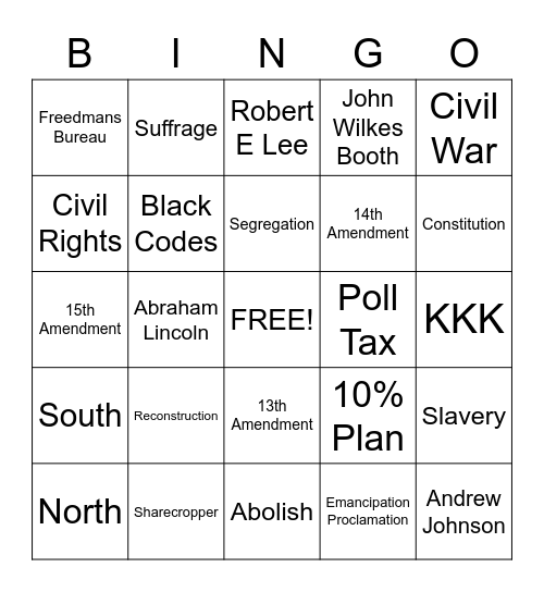 Reconstruction Bingo Card