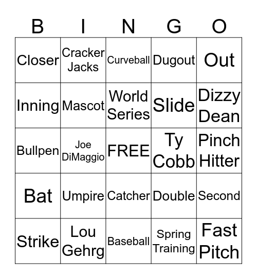 Baseball Bingo Card