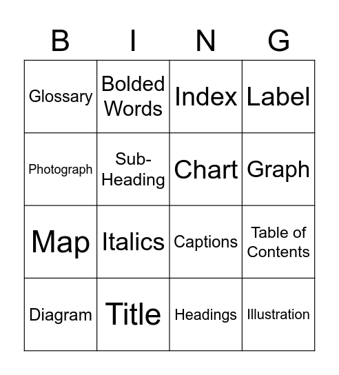 Text Features Bingo Card
