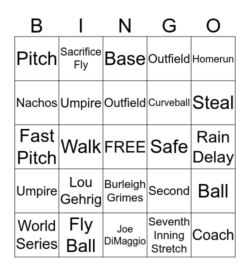 Baseball Bingo Card