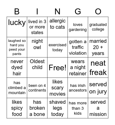Relief Society Bingo Card