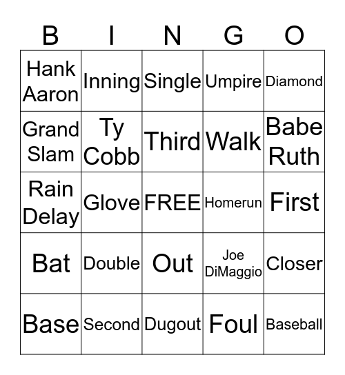 Baseball Bingo Card