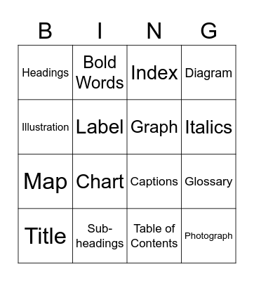 Text Features Bingo Card