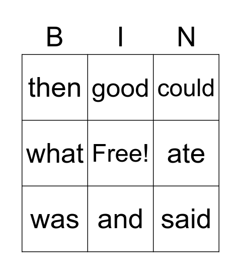 Sight Words Bingo Card