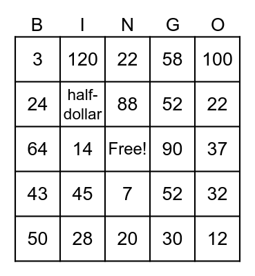 Money Amounts Bingo Card