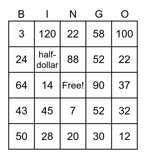 Money Amounts Bingo Card