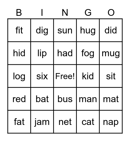 CVC Words Bingo Card