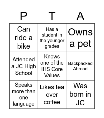 PTA Ice Breaker Bingo Card