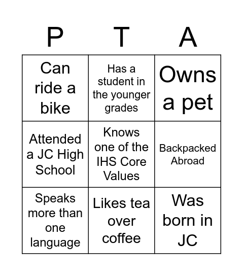 PTA Ice Breaker Bingo Card