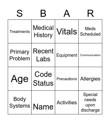 SBAR Bingo Card