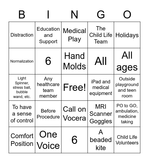 Child Life Bingo Card