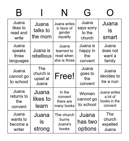 Sor Juana Ines de la Cruz Bingo Card