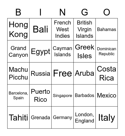 Vacation Destinations Bingo Card