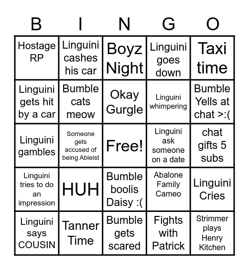 Bumble and Linguini Bingo Card Bingo Card