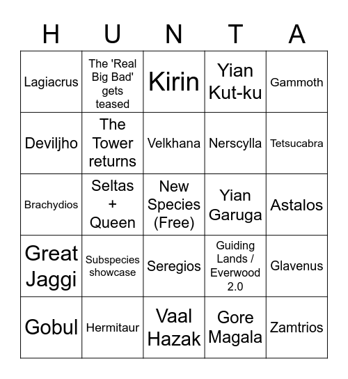 Sunbreak Announcement Bingo Card