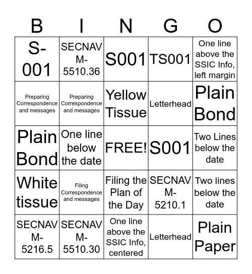 Correspondence Bingo Card