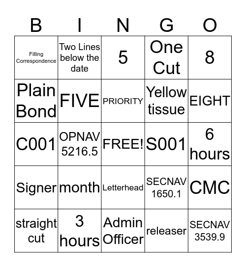 Correspondence Bingo Card