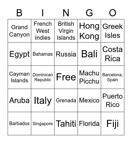 Vacation Destinations Bingo Card