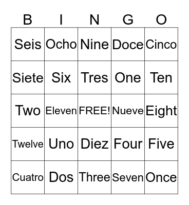 Spanish 1-12 Bingo Card