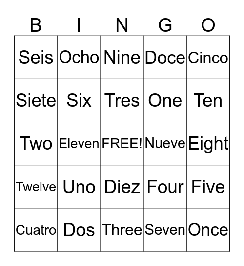 Spanish 1-12 Bingo Card