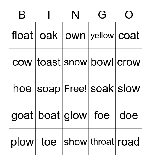 oa, oe, ow Bingo Card