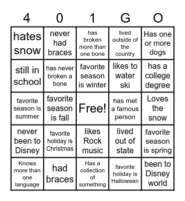 Get to know you Bingo Card