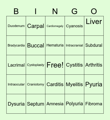 Medical Terms Bingo Card