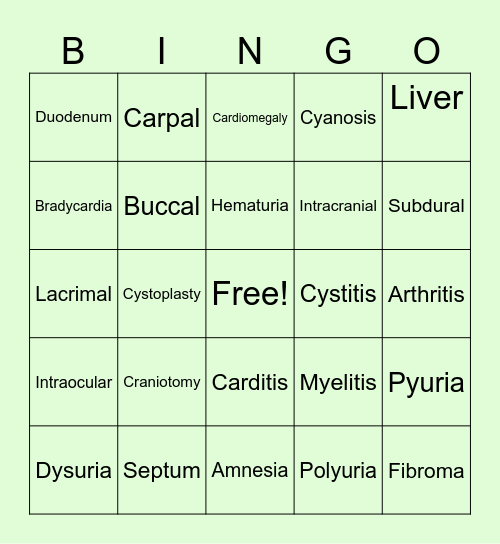Medical Terms Bingo Card