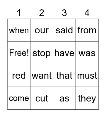 Sight Words Bingo Card