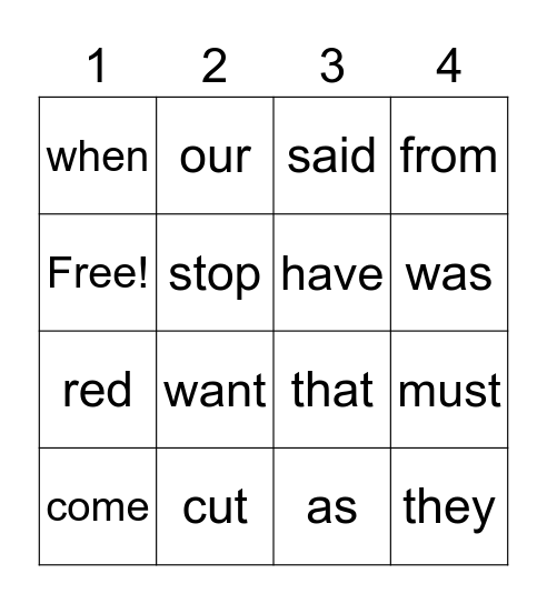 Sight Words Bingo Card