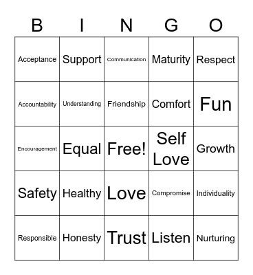 Healthy Relationships Bingo Card