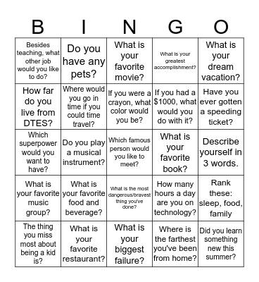 Get to know your teammates Bingo Card