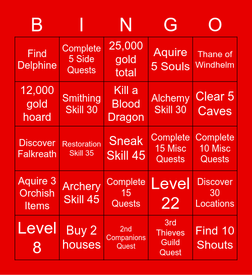 Skyrim Bingo Card