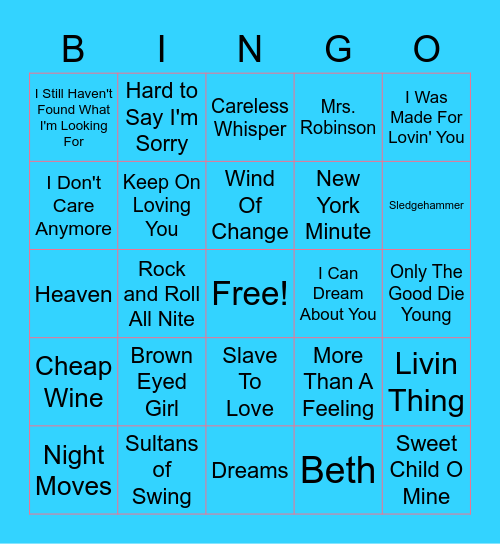 Old School Hits Bingo Card