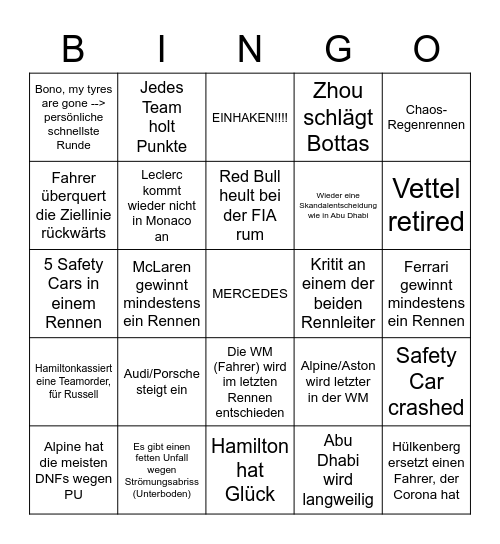 F1 2022 Bingo Maxi Bingo Card