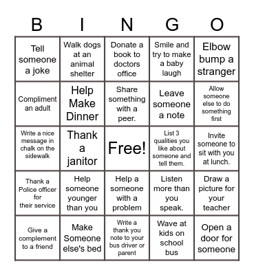 Random Acts of Kindness Bingo Card