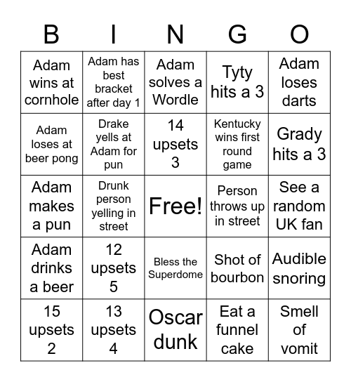 New Orleans March Madness Bingo Card