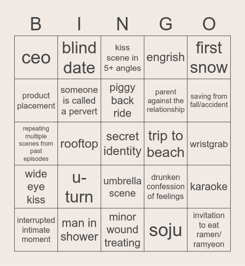k-drama cliche Bingo Card