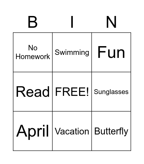 Spring Break Bingo Card