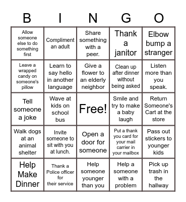 Random Acts of Kindness Bingo Card