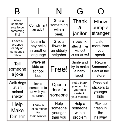 Random Acts of Kindness Bingo Card