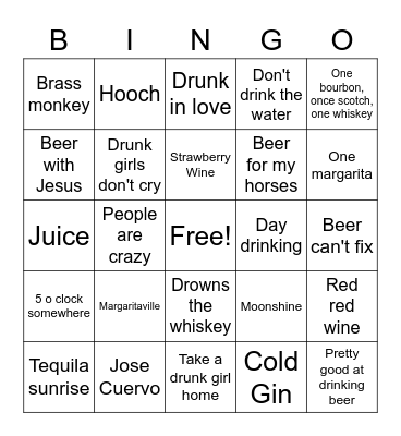I'm Thirsty Bingo Card