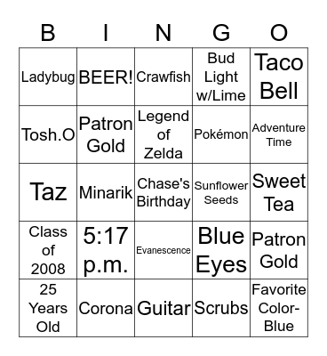 Chase's Birthday Bingo Card